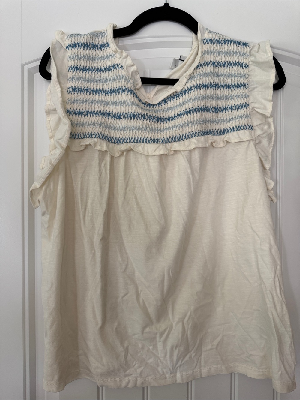 J. Crew Cream Sleeveless Top with Blue Smocked Yoke
